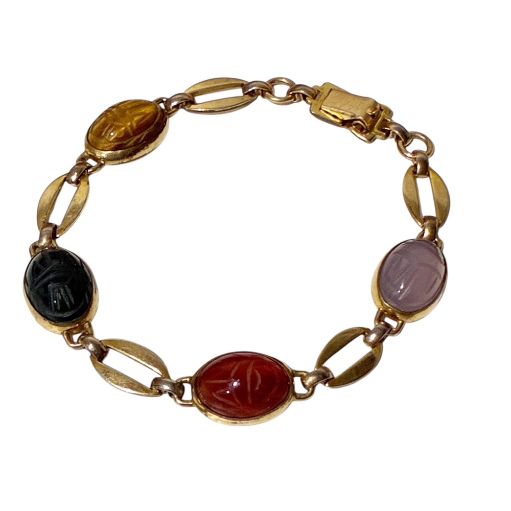 VINTAGE 1/20 12k GOLD FILLED GENUINE STONE‎ SCARAB BRACELET BLOODSTONE CARNELIAN